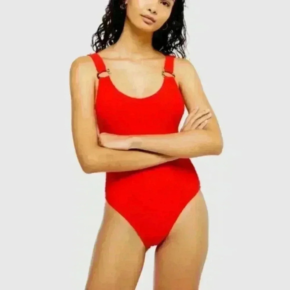 NWOT Topshop Red Shirred Scoop Neck One Piece Swimsuit - Picture 1 of 6